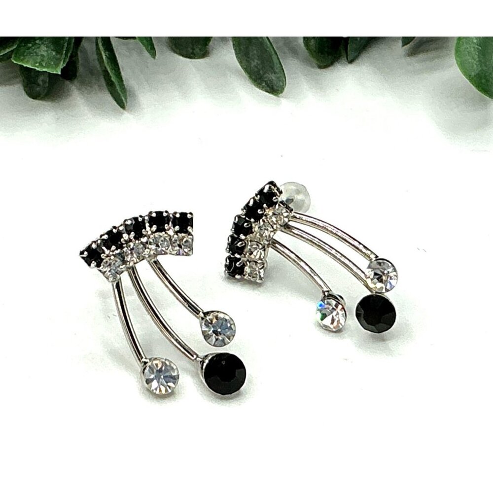 Vintage Rhinestone Dangle Earrings Silver Black Crystal Cluster